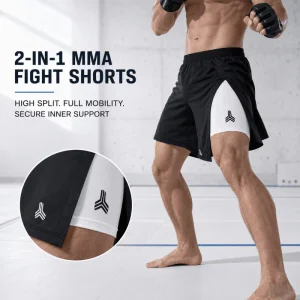 Custom 2 in 1 MMA Shorts Men, Double Layer High Slit Fight Shorts, 250GSM Soft Stretch Inner Liner, No Gi Kickboxing, Manufacturer Sialkot Pakistan