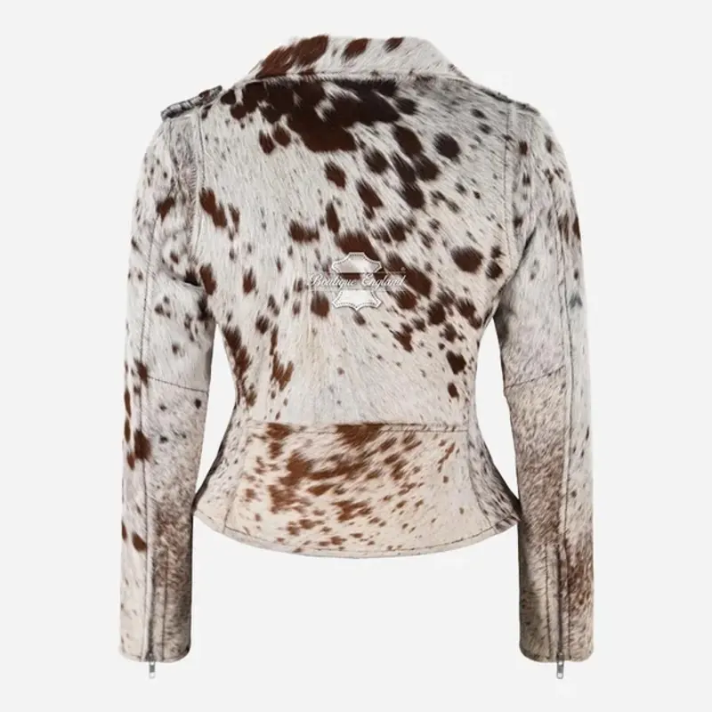 Brown & White Cow Print Faux Fur Moto Jacket