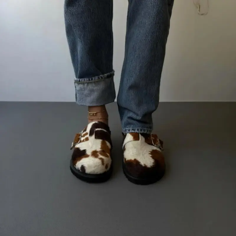 Luxury Genuine Hair-On Cowhide Leather Buckle Sandals