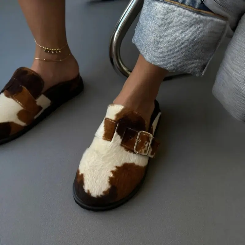 Luxury Genuine Hair-On Cowhide Leather Buckle Sandals