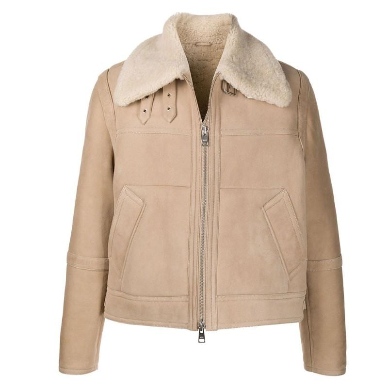 Men's Beige Shearling Leather Aviator Jacket