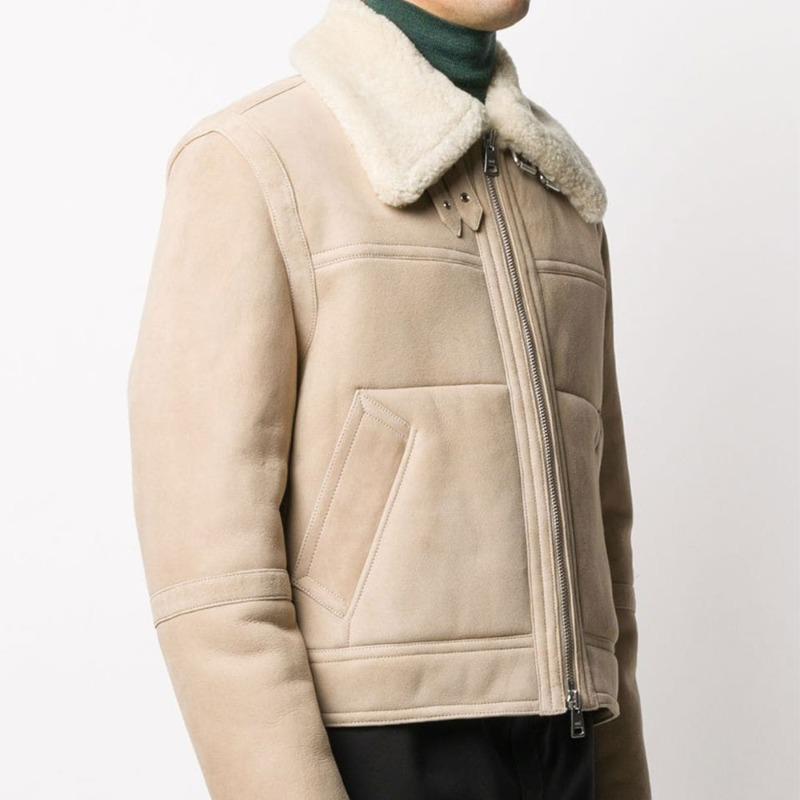 Men's Beige Shearling Leather Aviator Jacket