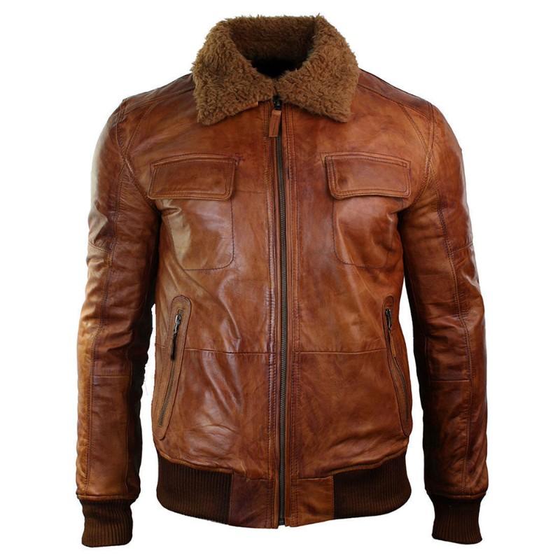 Men’s  Leather Shearling Collar Bomber Jacket