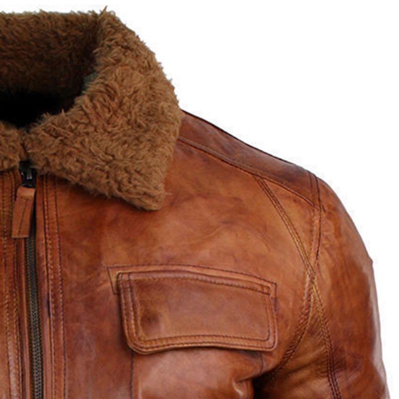 Men’s  Leather Shearling Collar Bomber Jacket