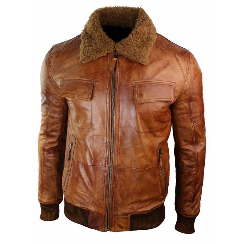Men’s  Leather Shearling Collar Bomber Jacket