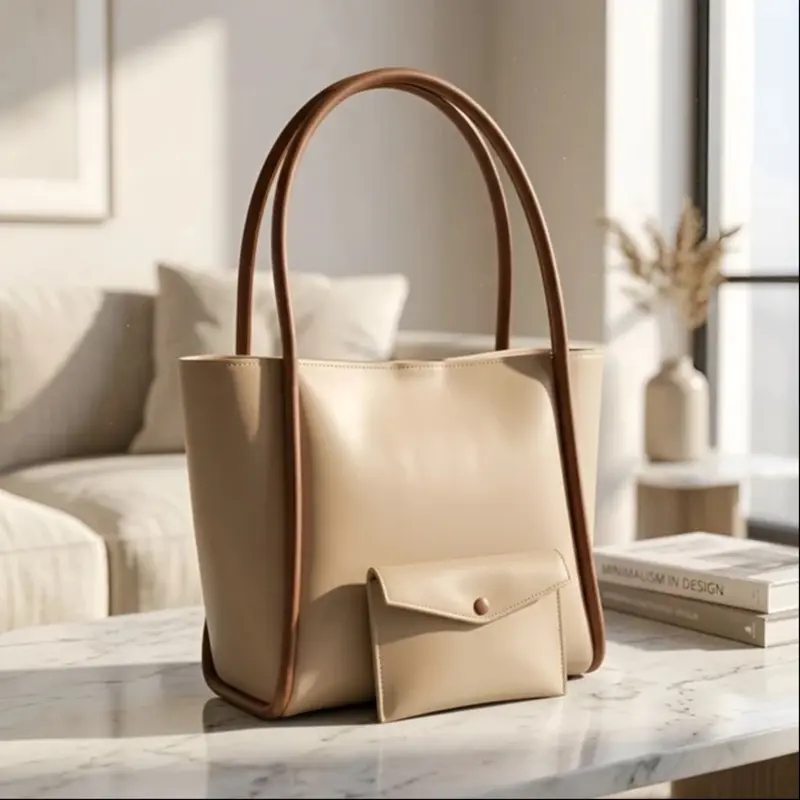 Elegant Beige Women’s Tote Handbag with Matching Pouch