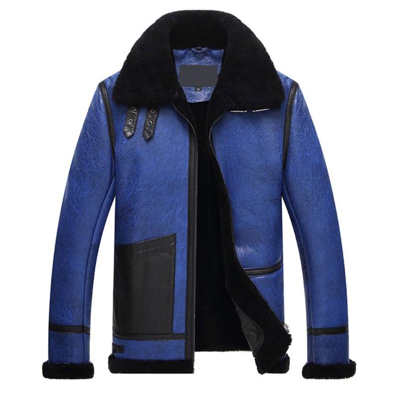 Men’s Blue Faux Leather Shearling Jacket with Black Fur Collar