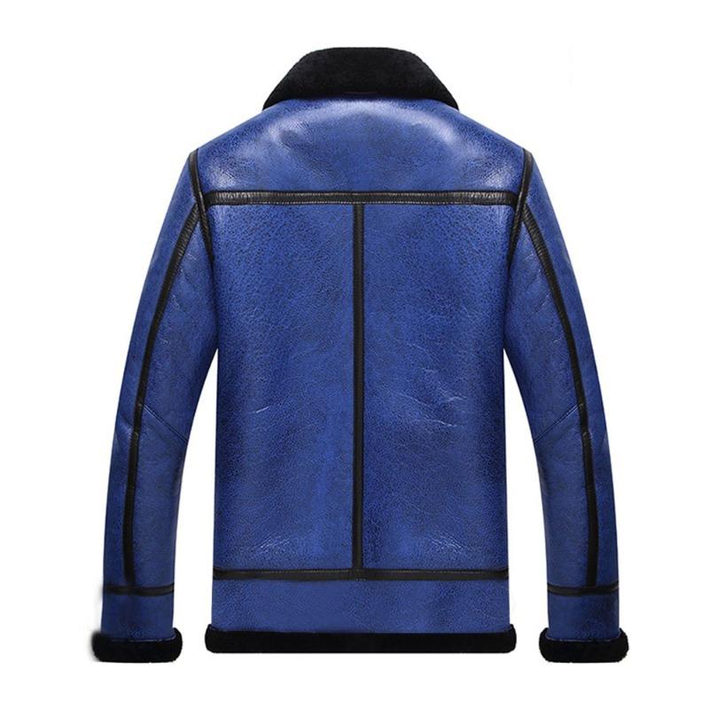 Men’s Blue Faux Leather Shearling Jacket with Black Fur Collar