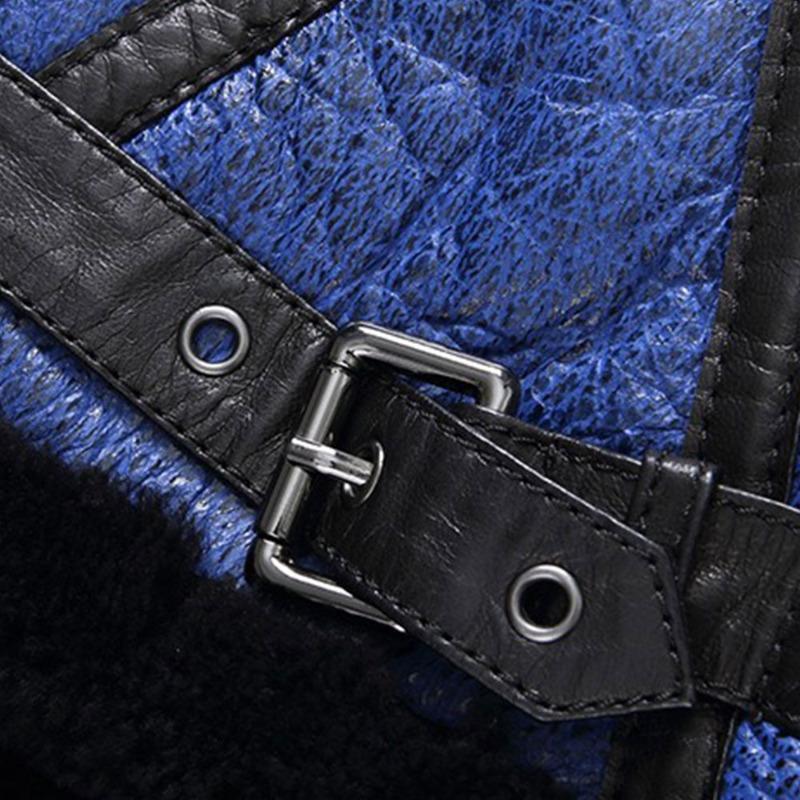 Men’s Blue Faux Leather Shearling Jacket with Black Fur Collar