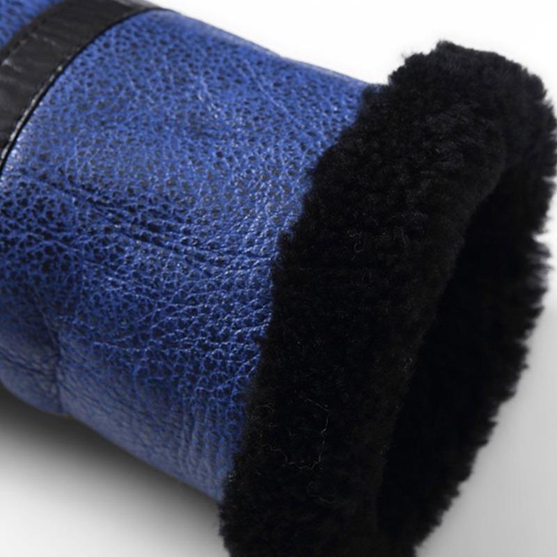 Men’s Blue Faux Leather Shearling Jacket with Black Fur Collar