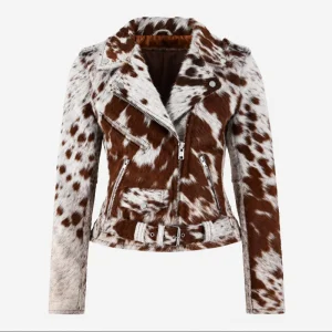 Brown &amp; White Cow Print Faux Fur Moto Jacket