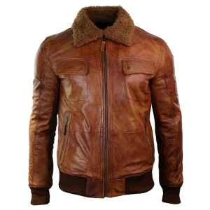 Men’s  Leather Shearling Collar Bomber Jacket