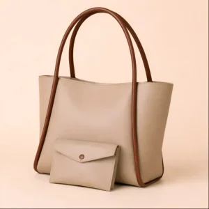 Elegant Beige Women’s Tote Handbag with Matching Pouch