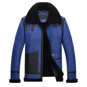 Men’s Blue Faux Leather Shearling Jacket with Black Fur Collar