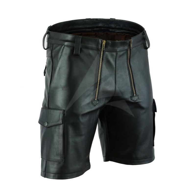 Mens Genuine Cowhide Leather Cargo Shorts