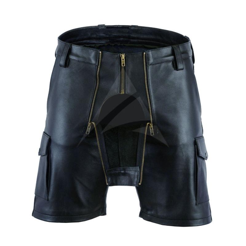 Mens Genuine Cowhide Leather Cargo Shorts