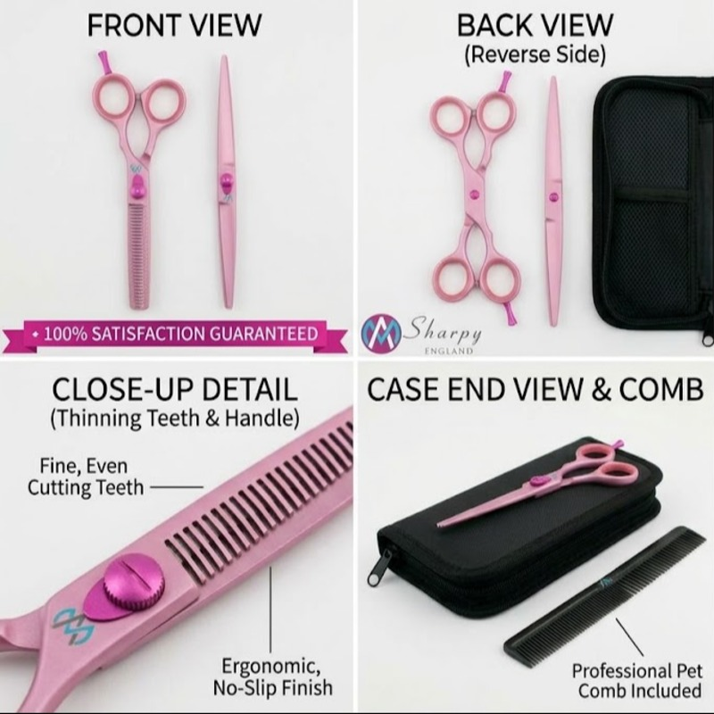 Professional Pink Barber Scissors Set – Stainless Steel Hair Cutting & Thinning Shears Kit with Leather Case, Comb & Cleaning Cloth
