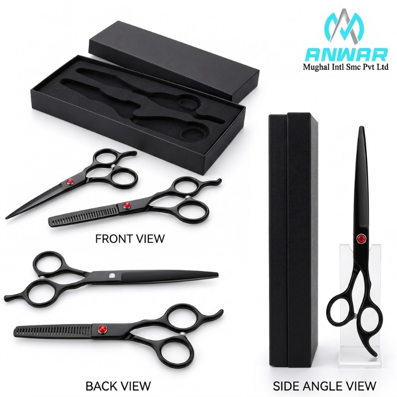 Professional Black Barber Scissors Set with Thinning Shear and Box Black with red pivot accents