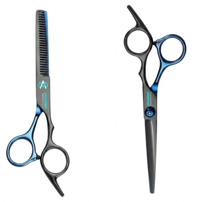 Professional Matte Black & Blue Hair Cutting & Thinning Scissors Set (2-Piece)