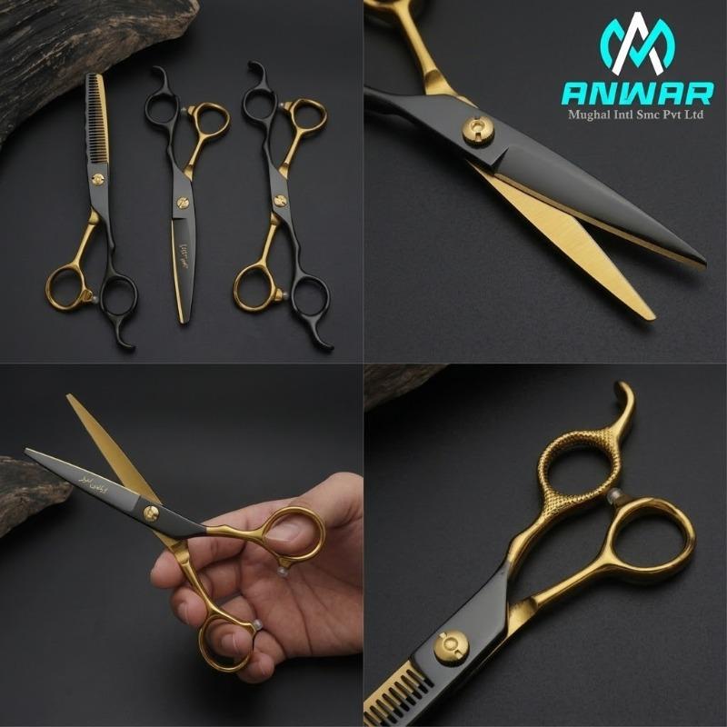 Professional Black & Gold Hair Cutting & Thinning Scissors Set (3-Piece)      PNG