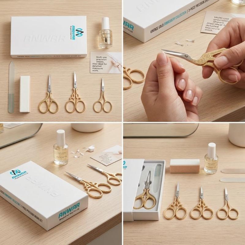 3-Piece Vintage Gold Precision Beauty & Manicure Scissors Set