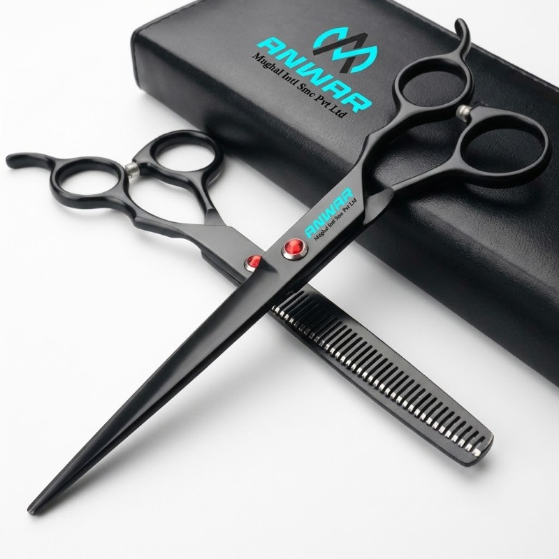 Professional Black Barber Scissors Set with Thinning Shear and Box Black with red pivot accents