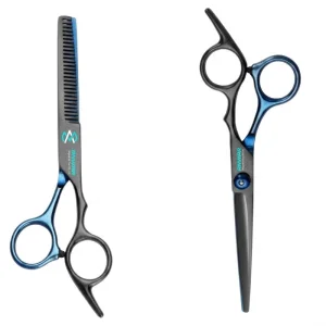 Professional Matte Black &amp; Blue Hair Cutting &amp; Thinning Scissors Set (2-Piece)