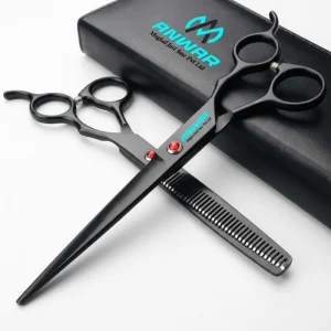 Professional Black Barber Scissors Set with Thinning Shear and Box Black with red pivot accents
