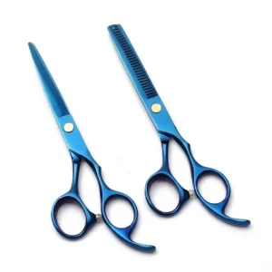 Professional Barber Scissors Set with Premium Hard Storage Case – Titanium Blue Hair Cutting &amp; Thinning Shears Kit with Custom Branding