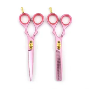 Professional Pink Barber Scissors Set – Stainless Steel Hair Cutting &amp; Thinning Shears Kit with Leather Case, Comb &amp; Cleaning Cloth