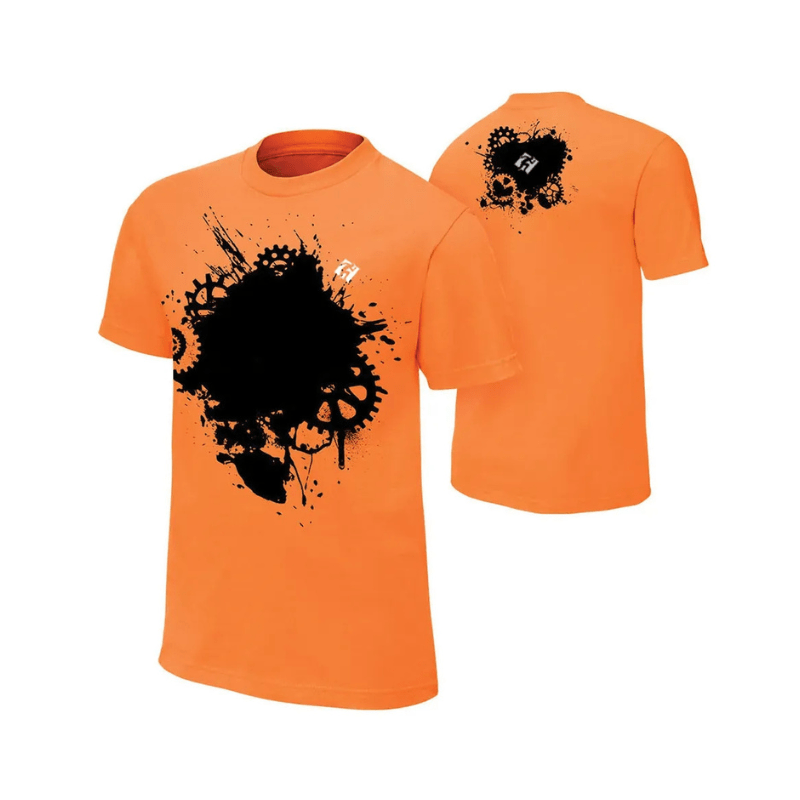Men’s Orange Cotton Graphic T-Shirt with Black Gear Print | Bold Casual Streetwear Tee