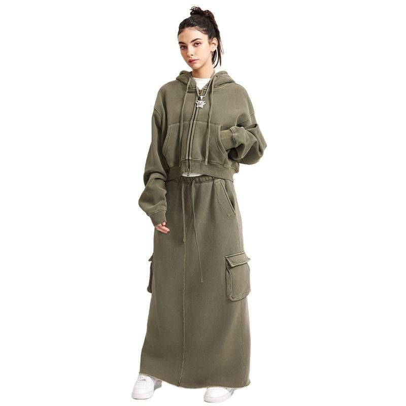 High Quality Unisex Casual Printed Solid Two-Piece Set Vintage Washed Hooded 100% Cotton Maxi Skirt Tracksuit for Winter