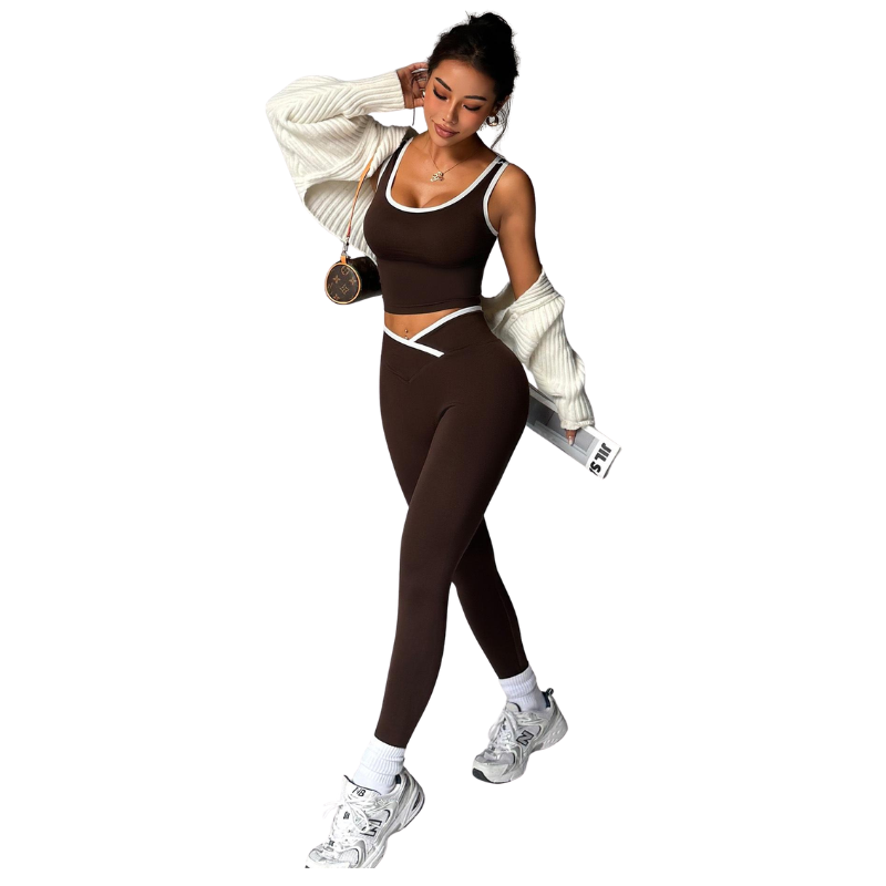 Women Contrast Color 2 Piece Compression Sportswear Fitness Seamless Tank Top Butt Lift Leggings Ladies Fitness Yoga Set