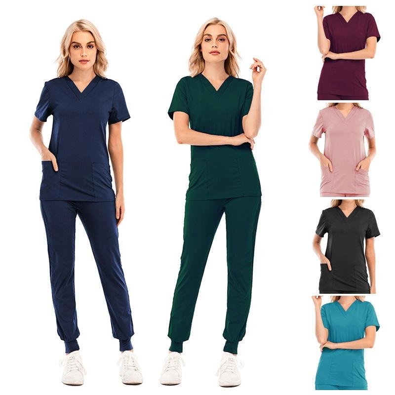 New Elastic Nurse Scrubs Sets V Neck Medical Uniforms Anti Wrinkle Hospital Scrubs Sets for Women