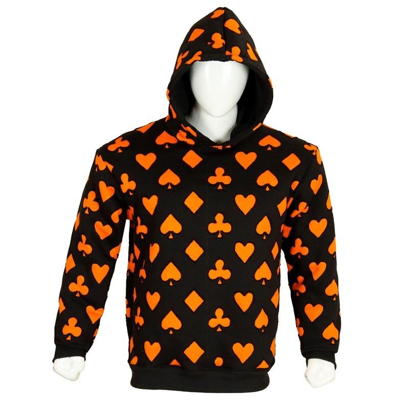 Unisex Playing Cards Print Hoodie Black Pullover Sweatshirt with Orange Graphic Design
